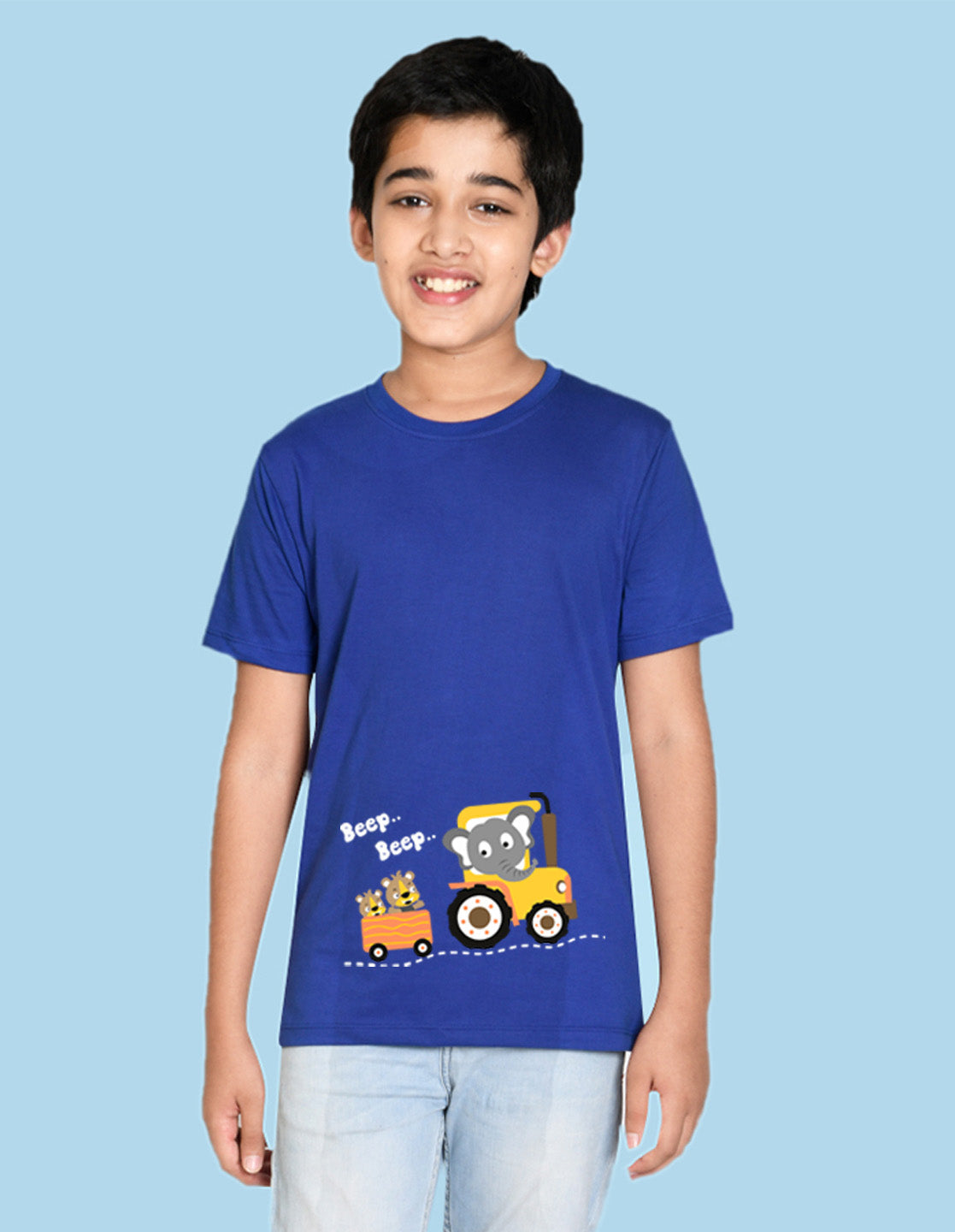 Nusyl boys tractor printed royal blue colored cotton rich tshirt