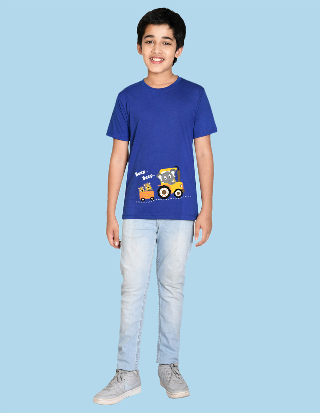 Nusyl boys tractor printed royal blue colored cotton rich tshirt