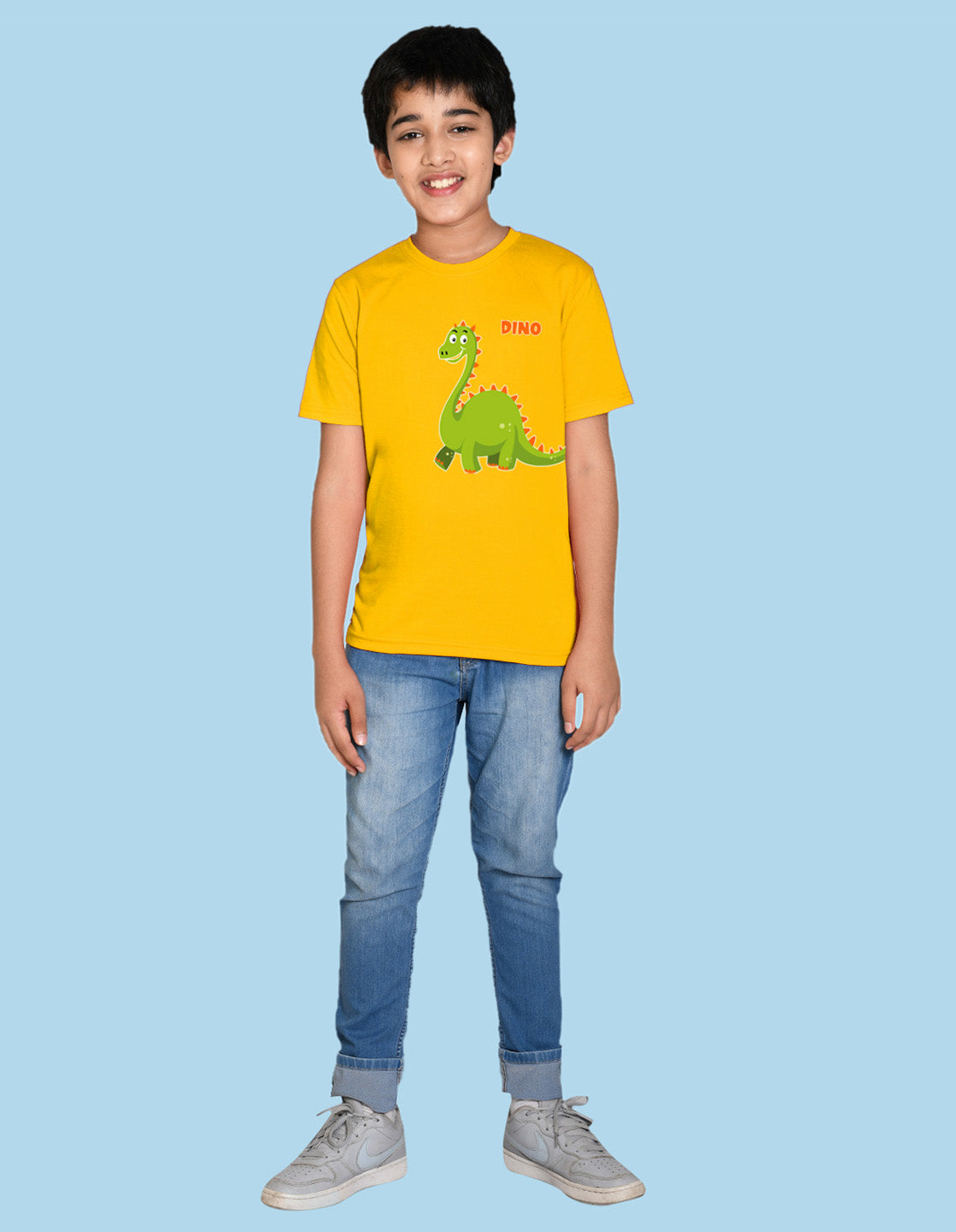 Nusyl boys dino printed yellow colored cotton rich tshirt