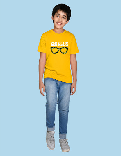 Nusyl boys genius printed yellow colored cotton rich tshirt
