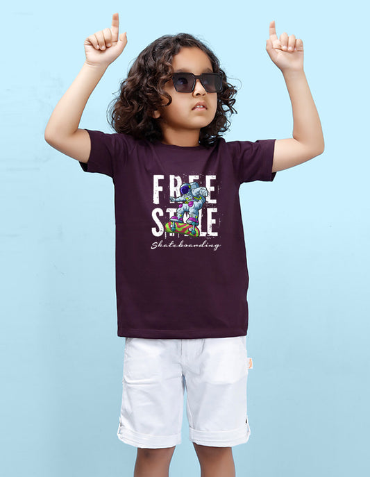 Nusyl Free Style  Printed Wine Colour T-shirts