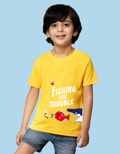 Nusyl Fishes & Text Printed Yellow Biowashed Cotton Half  T-shirt T-shirt