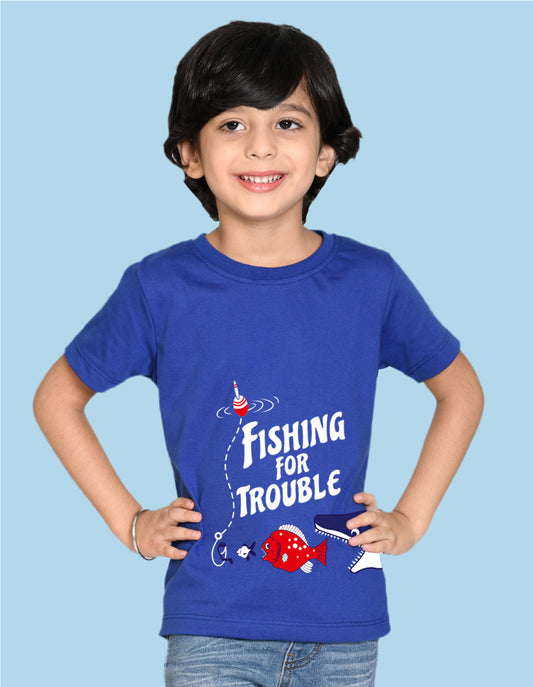 Nusyl Fishes & Text Printed Royal blue Biowashed Cotton Half  T-shirt