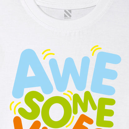 Nusyl Awesome Vibes White Biowashed Cotton Half  T-shirt T-shirt