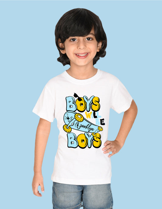 Nusyl Skateboard & Boys will be boys text printed White Biowashed Cotton Half  T-shirt T-shirt