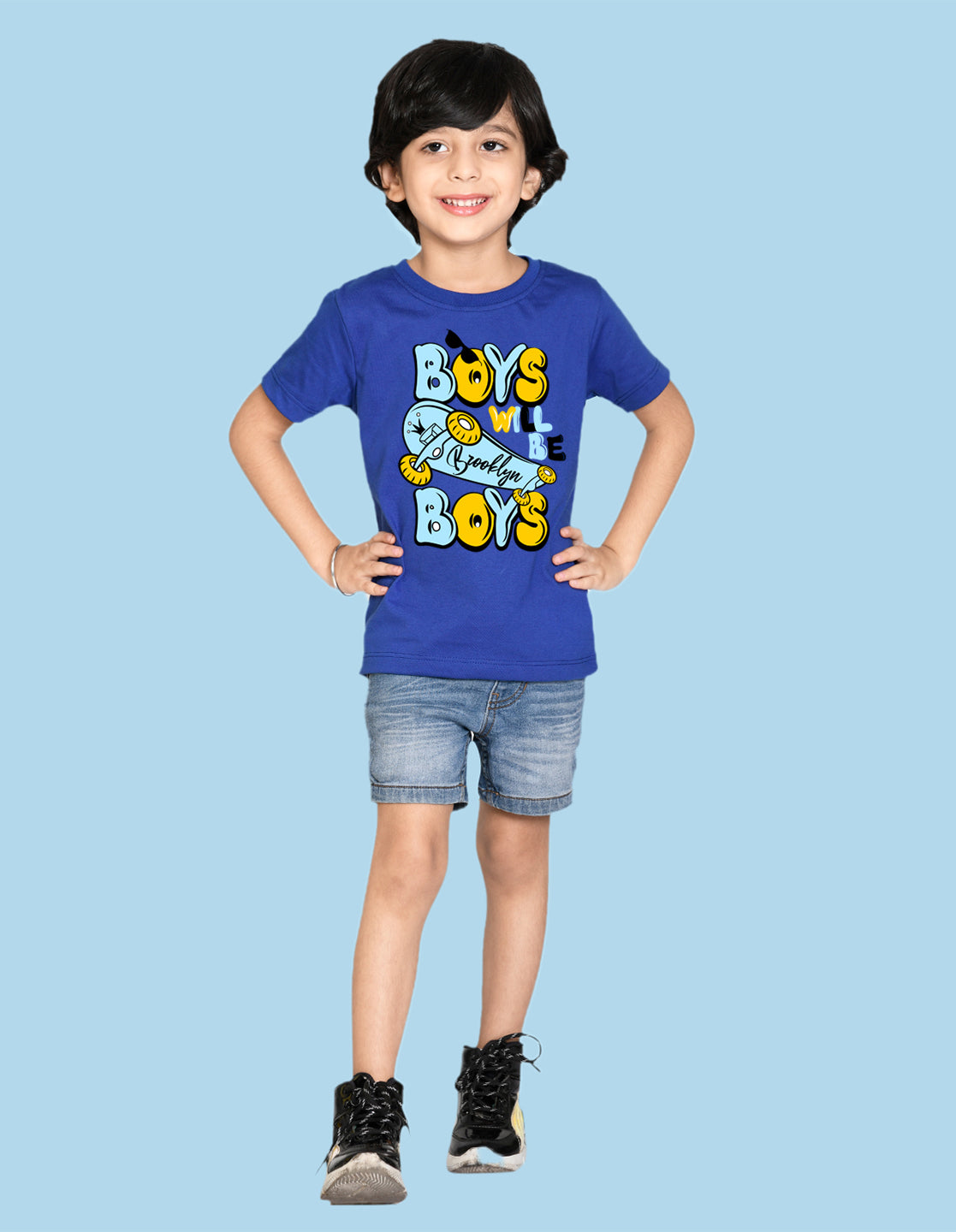 Nusyl Skateboard & Boys will be boys text printed Royal blue Biowashed Cotton Half  T-shirt