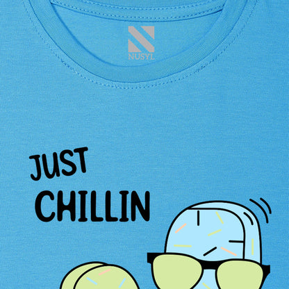 Nusyl Icecream & Just Chilling Text Printed Sky blue Biowashed Cotton Half  T-shirt