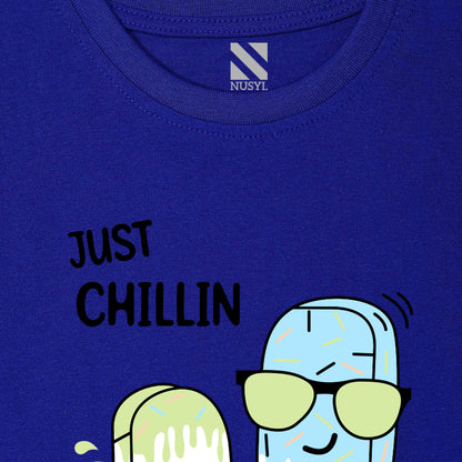 Nusyl Icecream & Just Chilling Text Printed Royal blue Biowashed Cotton Half  T-shirt
