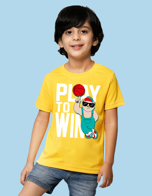 Nusyl Play to win text printed Yellow  Biowashed Cotton Half  T-shirt