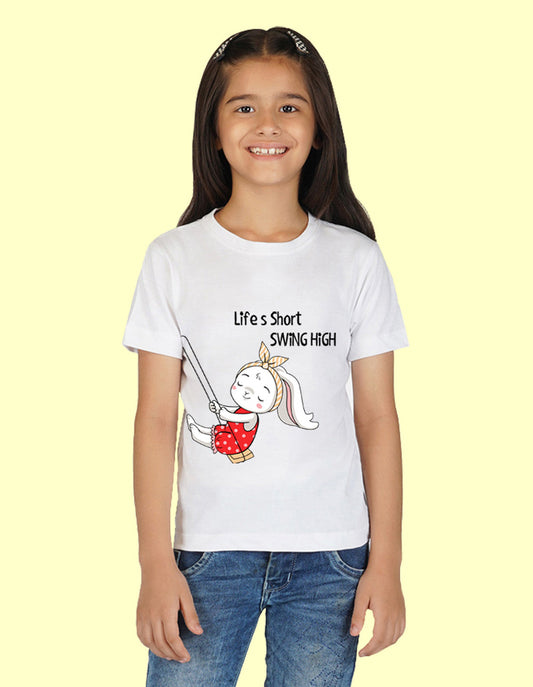 Nusyl Girls Half Sleeves White Life's short swing high printed T-shirt