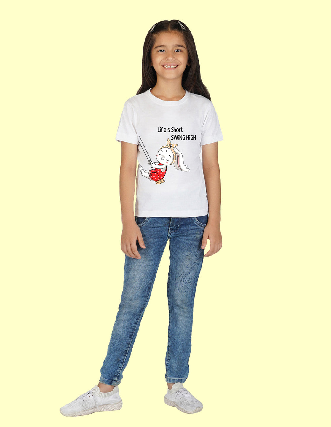Nusyl Girls Half Sleeves White Life's short swing high printed T-shirt