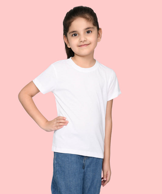 Girls White Bio Washed Cotton Short Sleeve Solid T-shirt