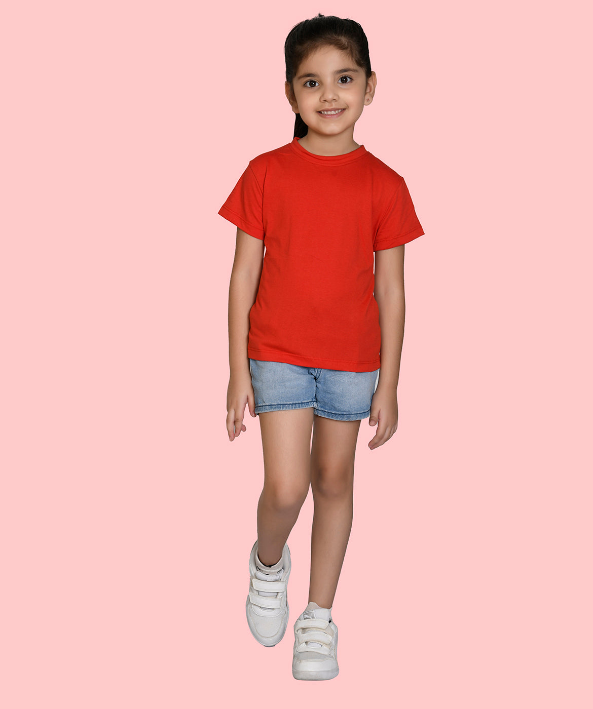Girls Red Bio Washed Cotton Short Sleeve Solid T-shirt
