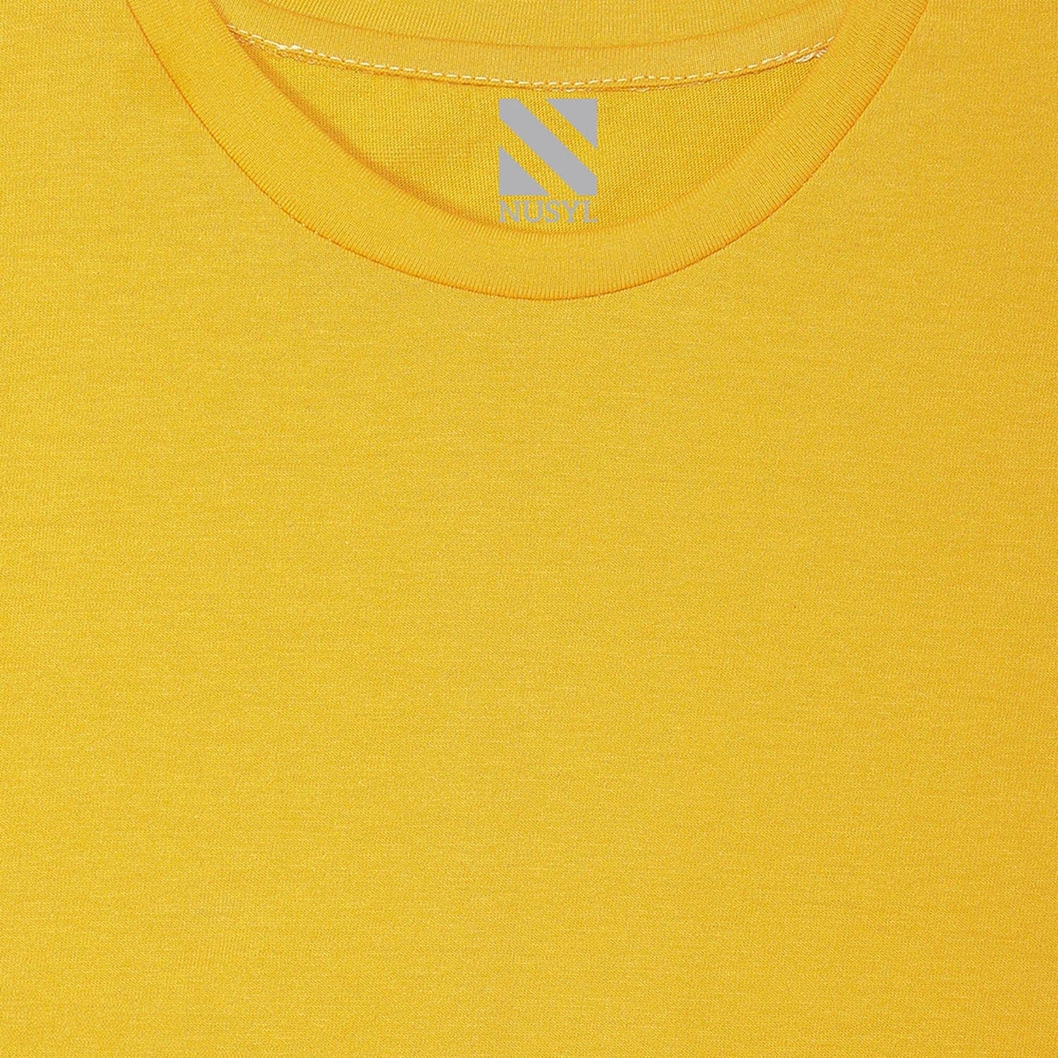 a close up of a nusyl yellow short sleeve t shirt with nusyl logo