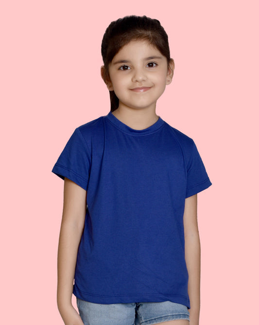 Girls Royal Blue Bio Washed Cotton Short Sleeve Solid T-shirt