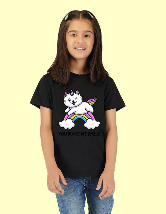 Nusyl Girls Half Sleeves Black Cat printed T-shirt