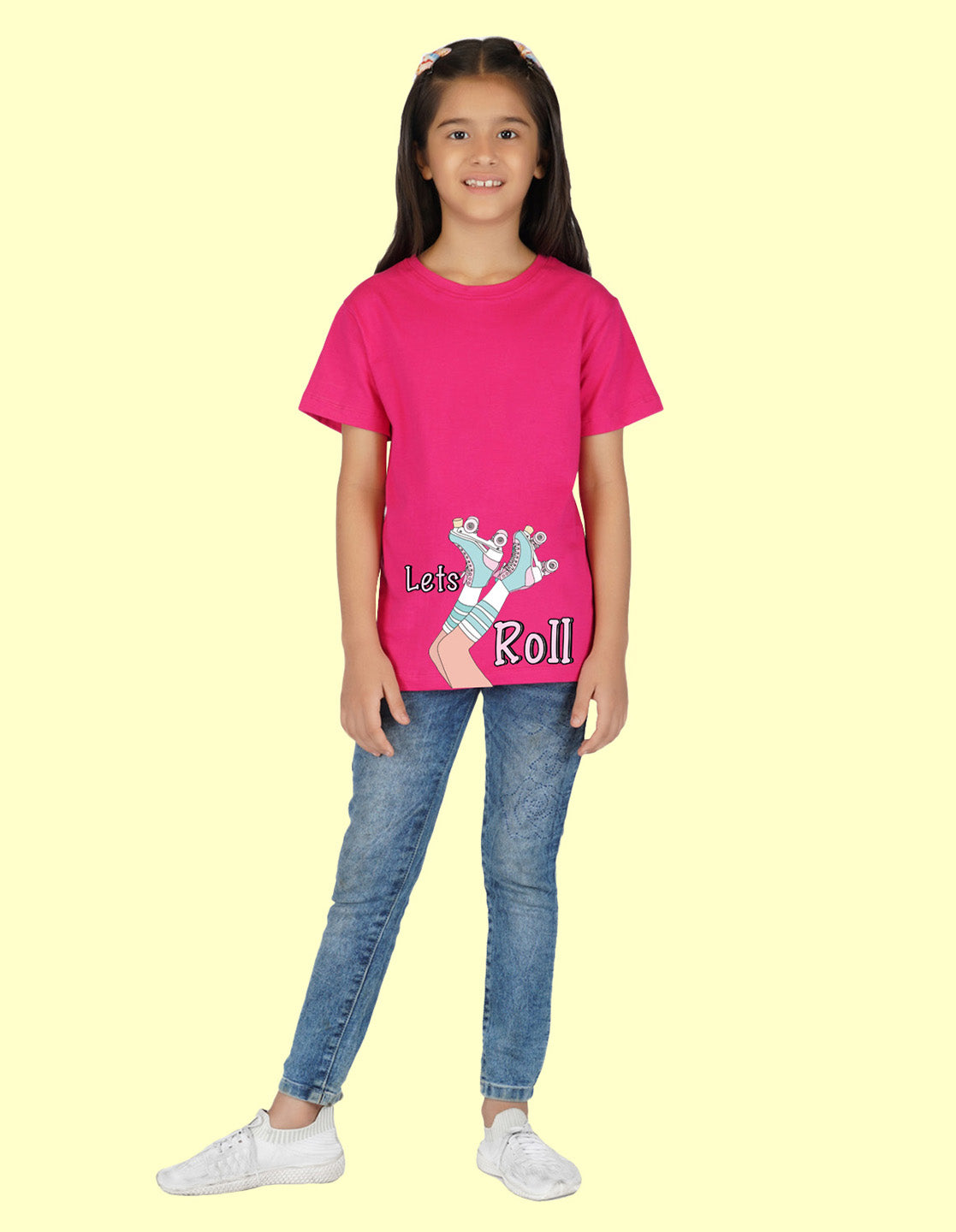 Nusyl Girls Half Sleeves Pink Lets roll printed T-shirt
