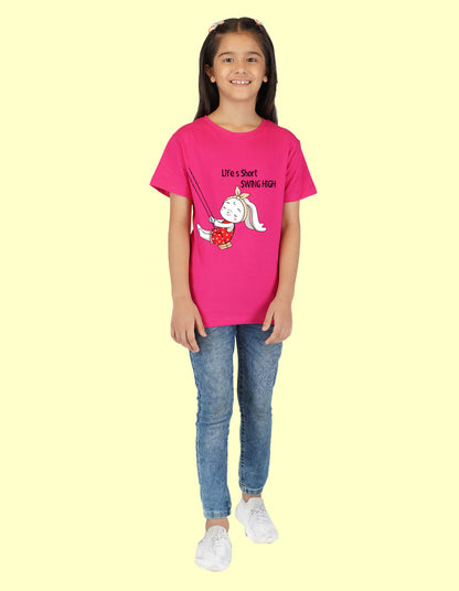 Nusyl Girls Half Sleeves Pink Life's short swing high printed T-shirt