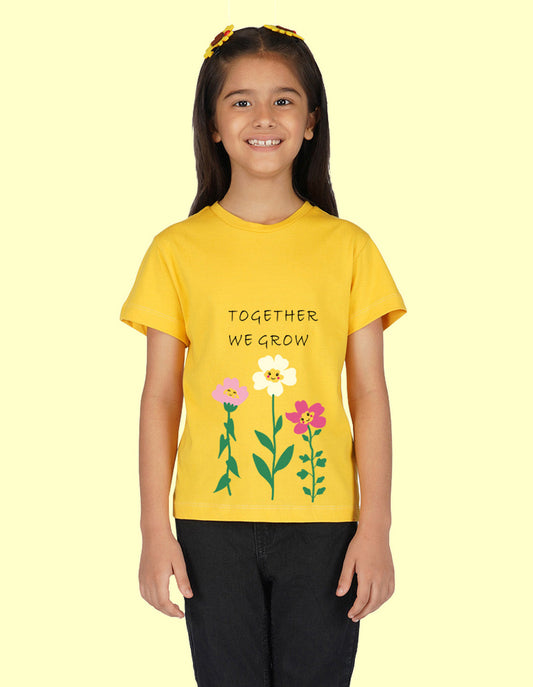 Nusyl Girls Half Sleeves Yellow Together we grow printed T-shirt