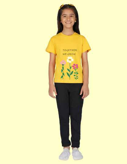 Nusyl Girls Half Sleeves Yellow Together we grow printed T-shirt