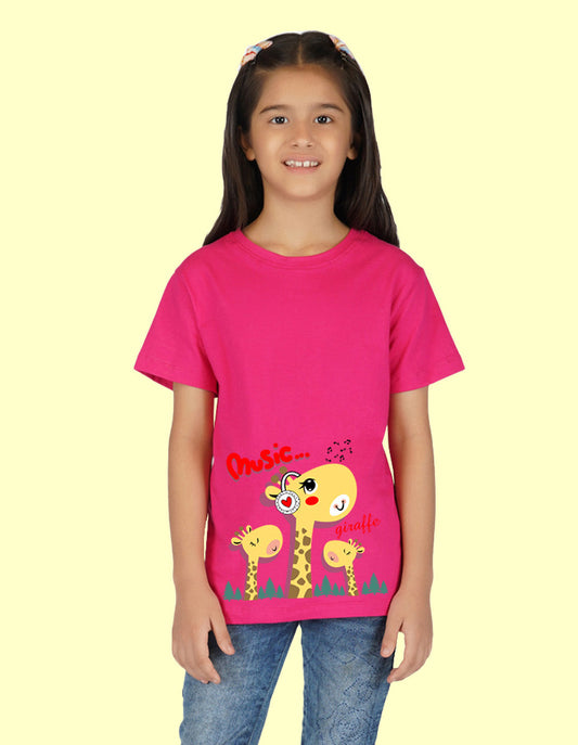 Nusyl Girls Half Sleeves Pink Giraffe printed T-shirt