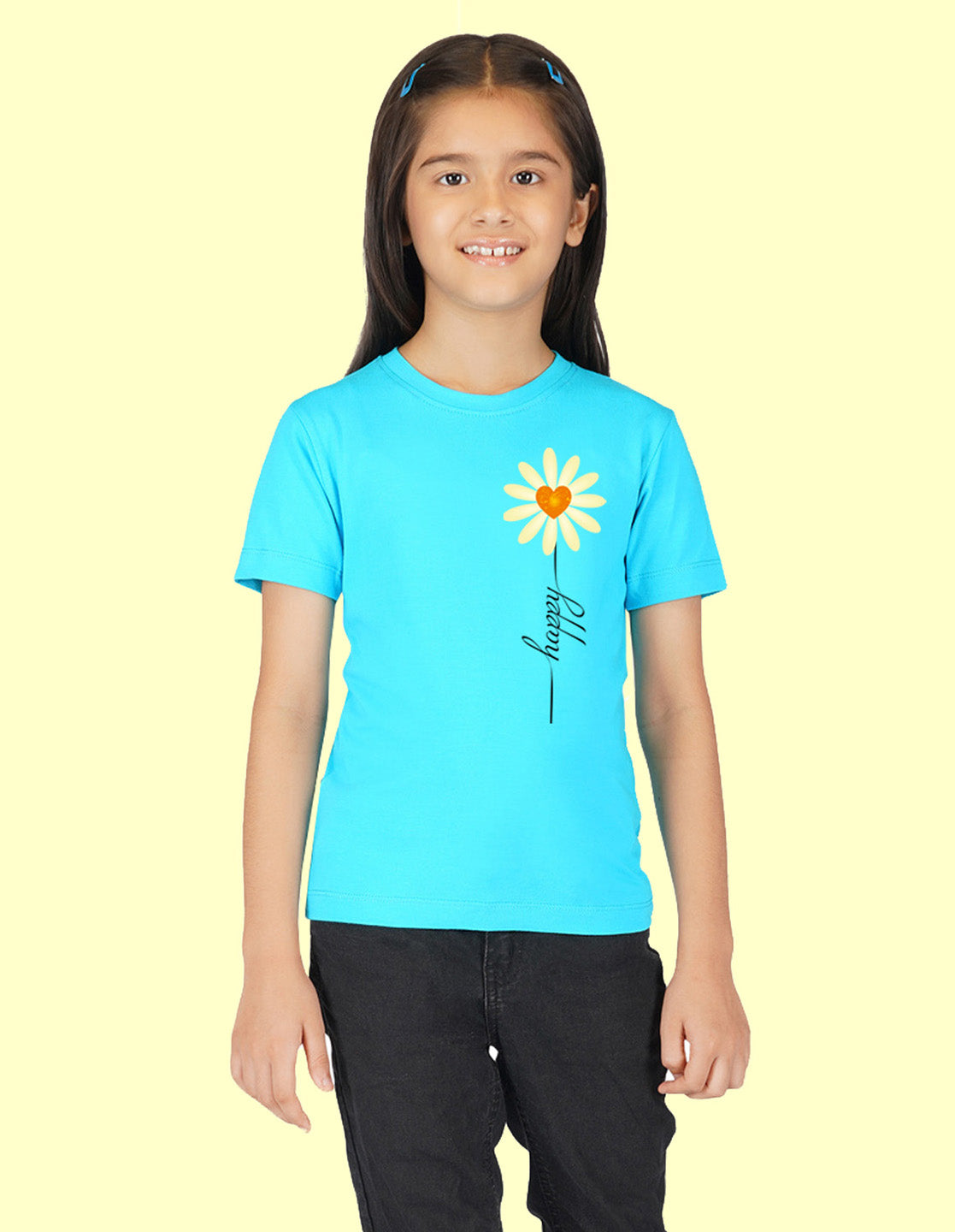 Nusyl Girls Half Sleeves Sky Blue Sun flower printed T-shirt