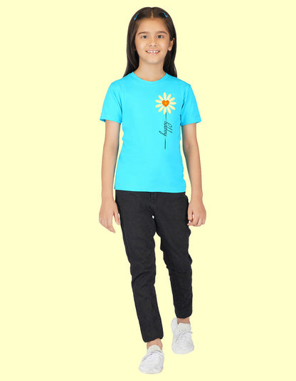 Nusyl Girls Half Sleeves Sky Blue Sun flower printed T-shirt