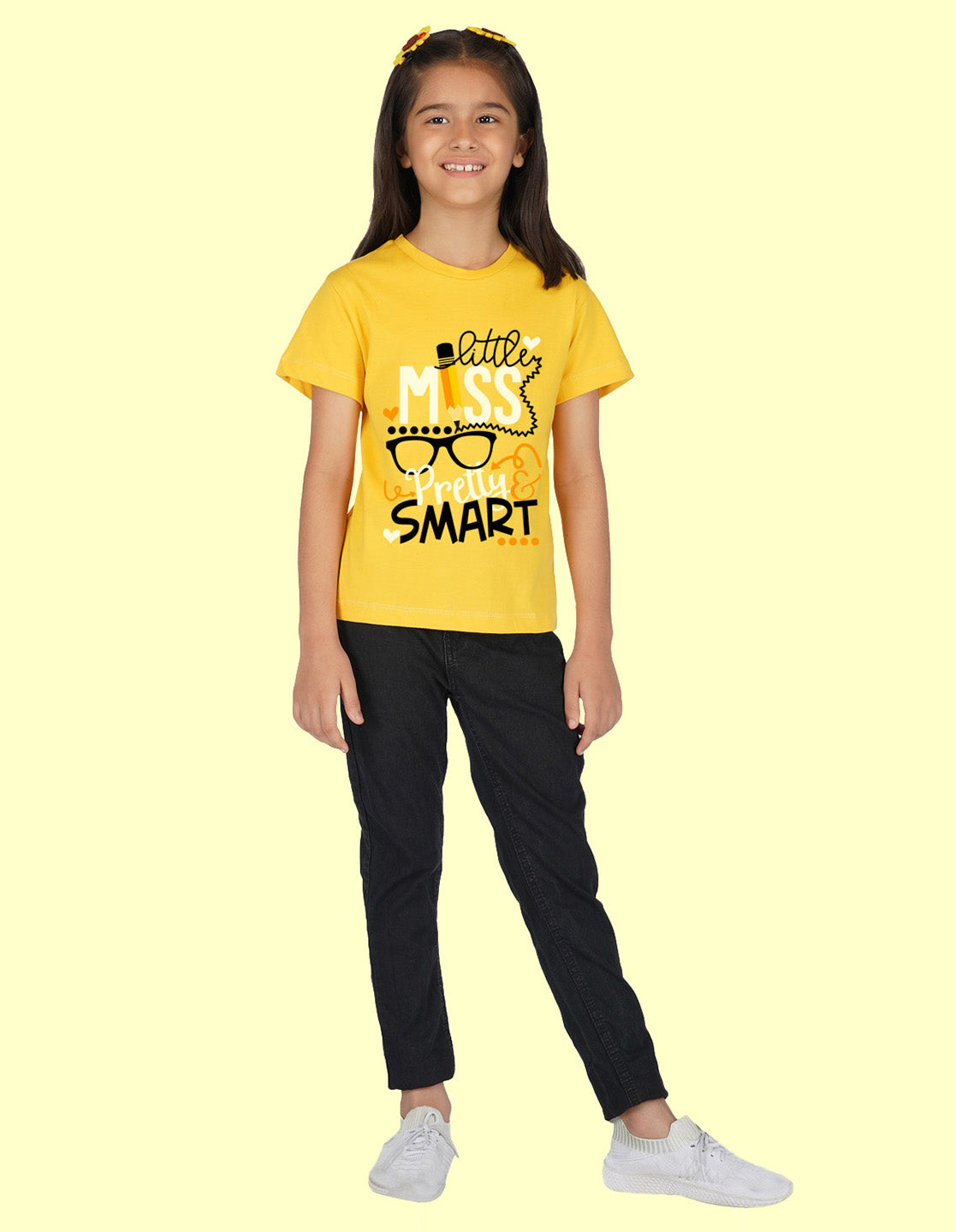 Nusyl Girls Half Sleeves Yellow Little miss printed T-shirt