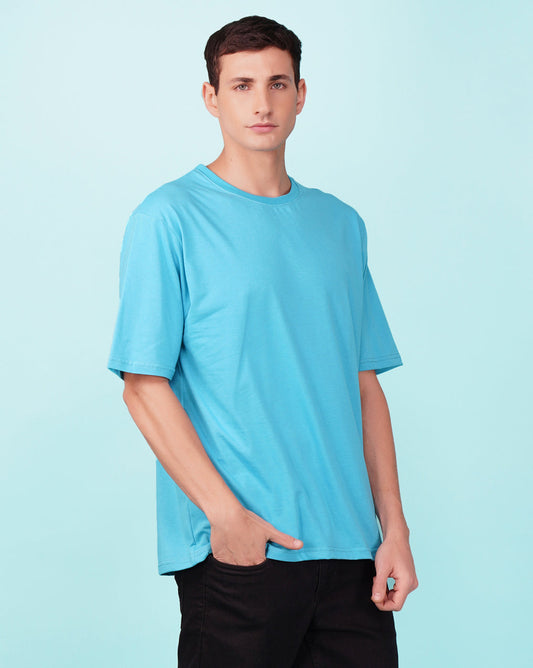 Nusyl Men Solid Sky Blue oversized t-shirt