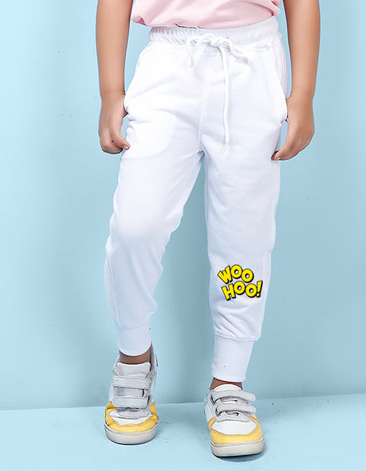 Nusyl white woohoo printed kids unisex track pants
