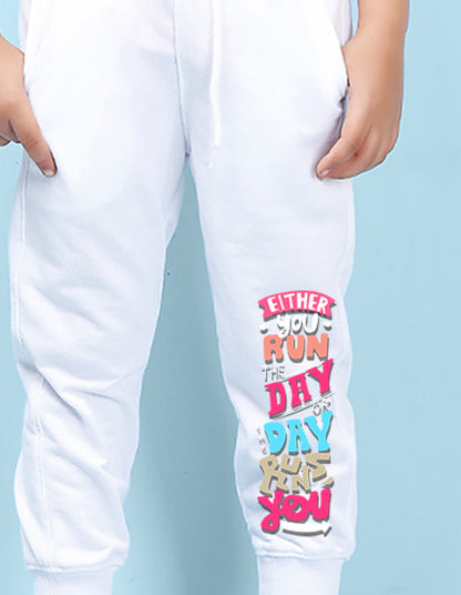 Nusyl white either printed kids unisex track pants