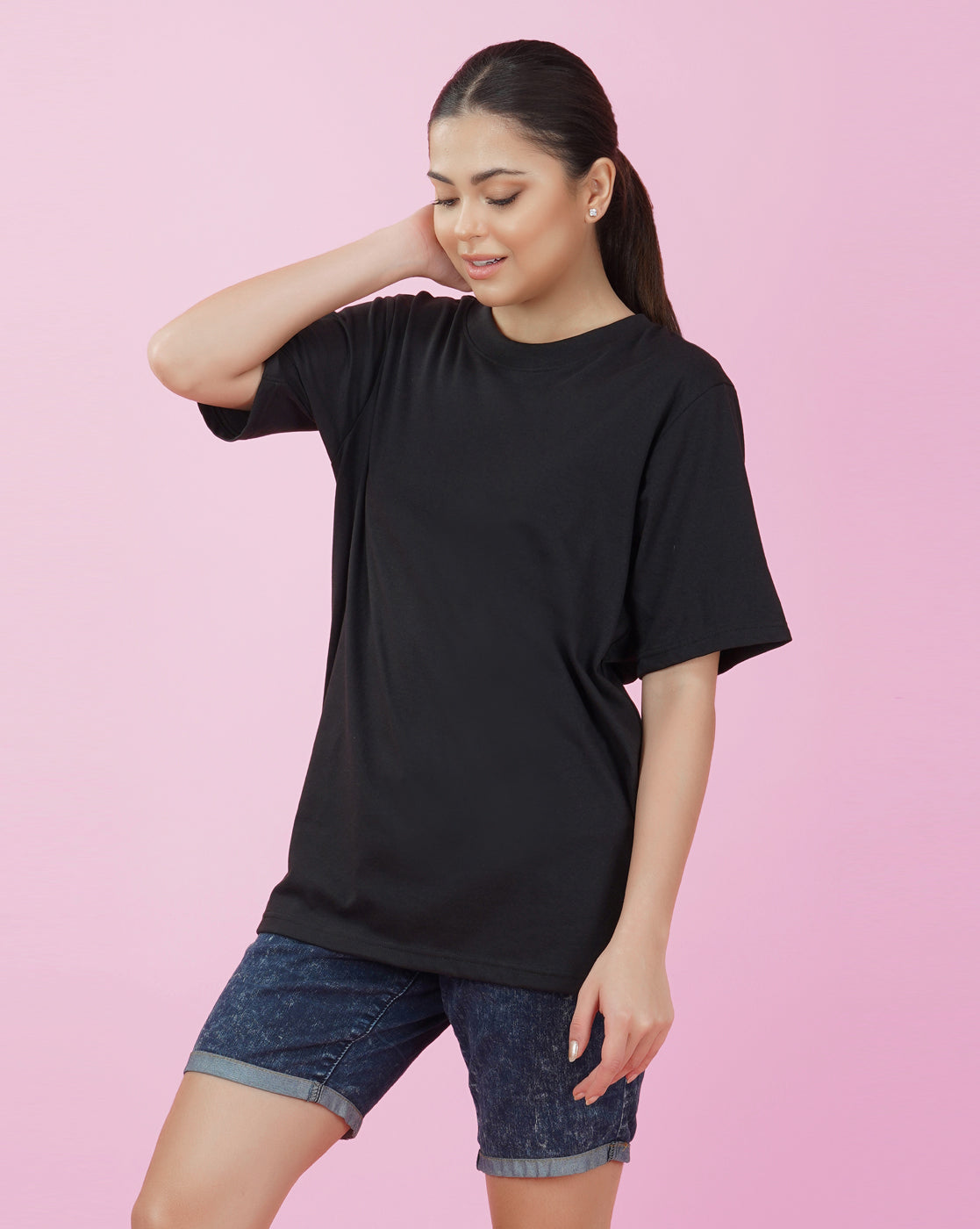 Nusyl Women Black Solid oversized t-shirt