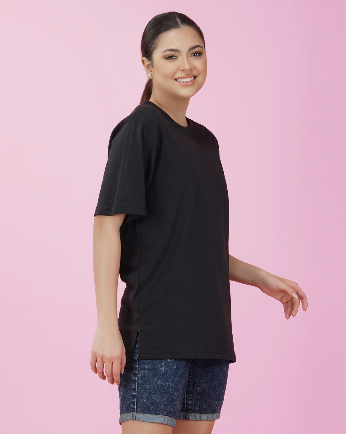 Nusyl Women Black Solid oversized t-shirt