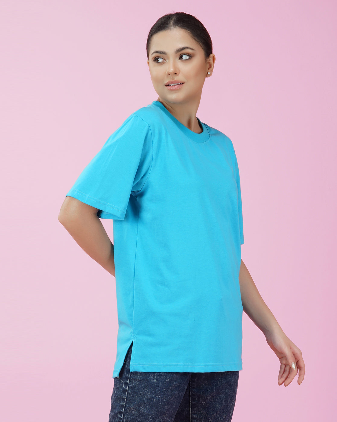 Nusyl Women Sky Blue Solid oversized t-shirt