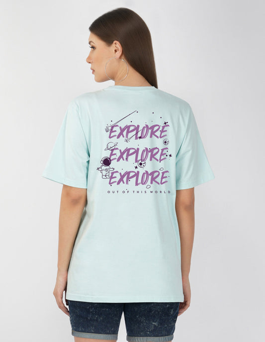 Nusyl Women Powder Blue Explore print oversized t-shirt