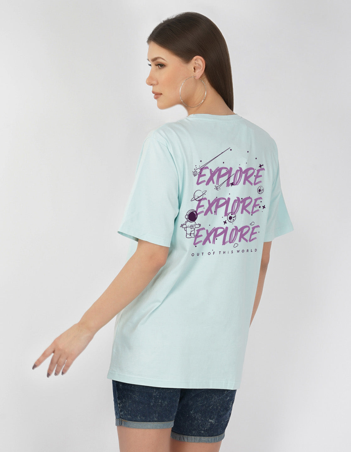 Nusyl Women Powder Blue Explore print oversized t-shirt