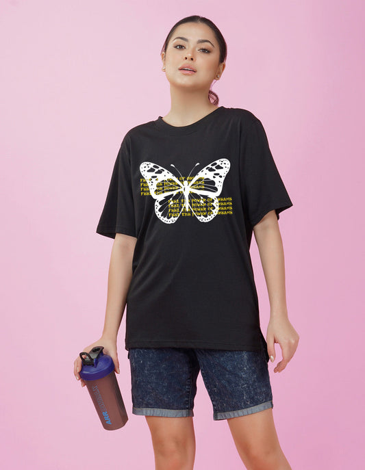 Nusyl Women Black Betterfly print oversized t-shirt