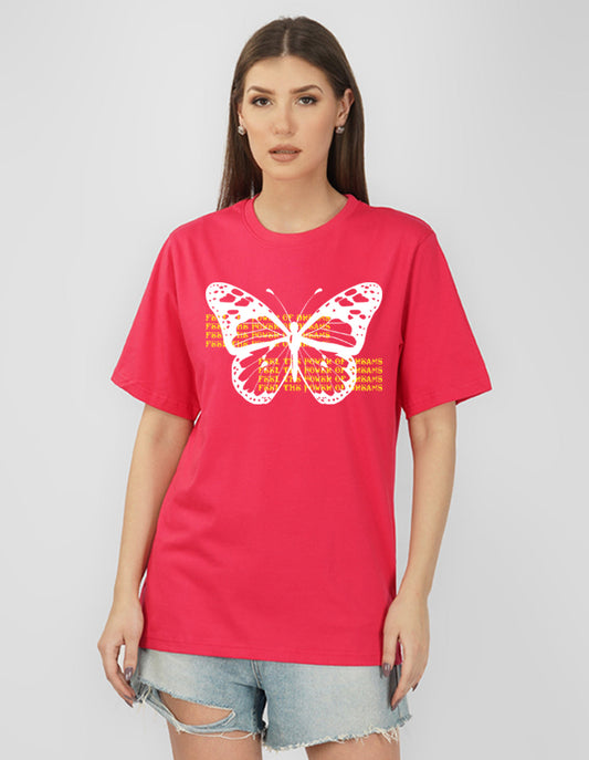 Nusyl Women Hot Pink Betterfly print oversized t-shirt