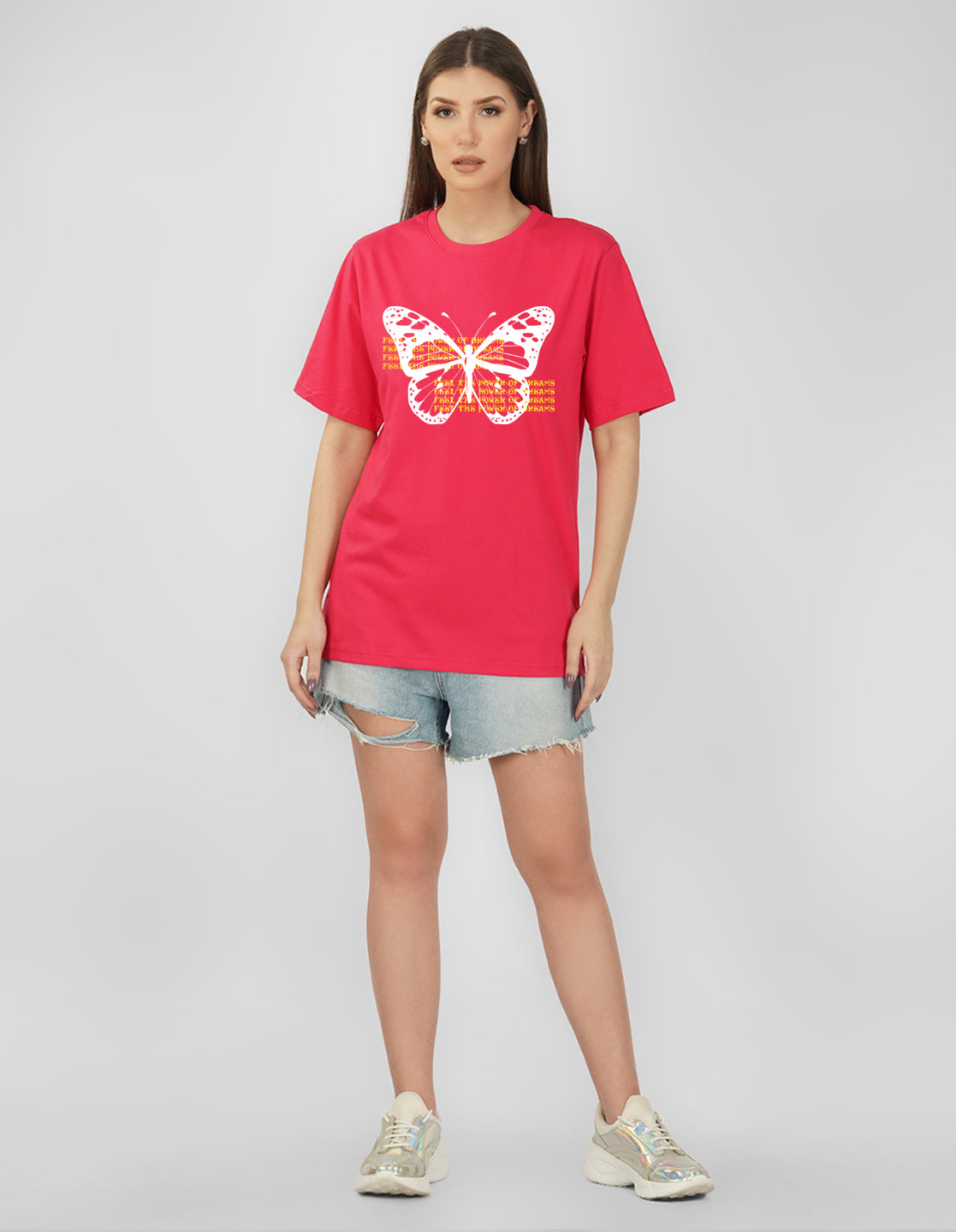 Nusyl Women Hot Pink Betterfly print oversized t-shirt
