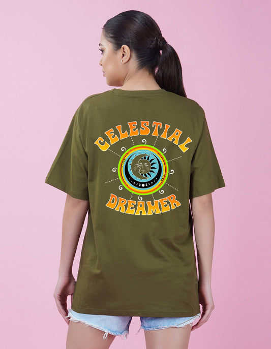 Nusyl Women Olive Celestial dreamer print oversized t-shirt