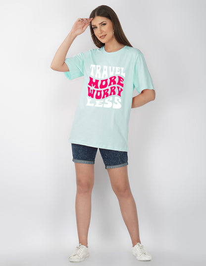 Nusyl Women Powder Blue Text print oversized t-shirt