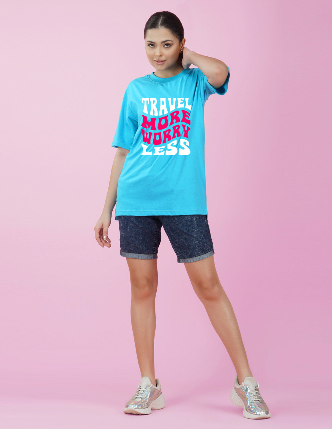 Nusyl Women Sky Blue Text print oversized t-shirt