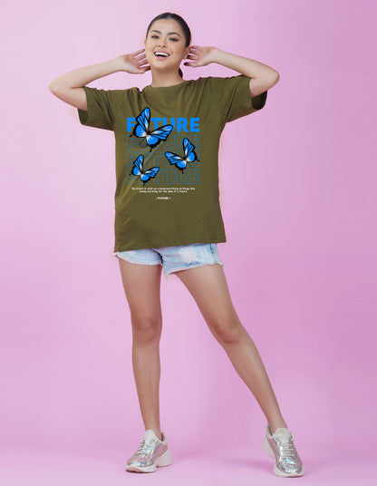 Nusyl Women Olive Future Print oversized t-shirt