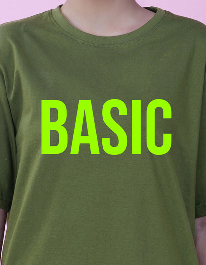 Nusyl Women Olive Basic print oversized t-shirt