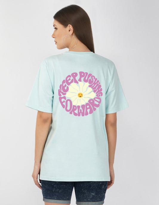 Nusyl Women Powder Blue Flower print oversized t-shirt