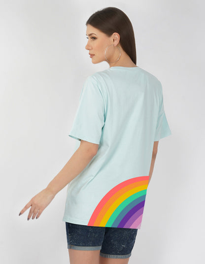Nusyl Women Powder Blue Rainbow pint oversized t-shirt