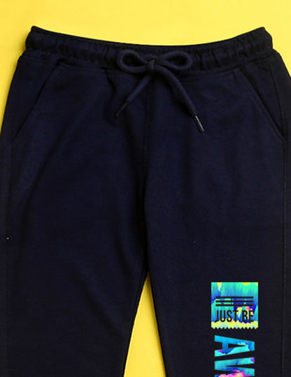 Nusyl Navy blue text printed kids unisex treck pants