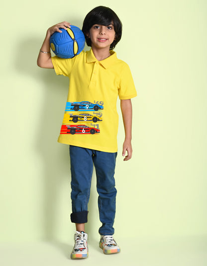 Nusyl Cars Printed Bright yellow Boys polo T-shirts