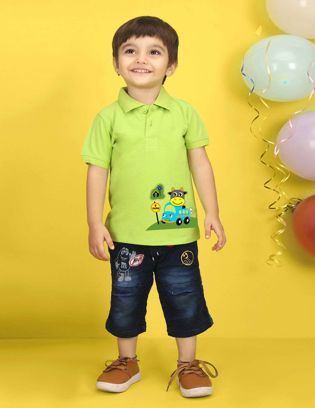 Nusyl Car Printed Lime Green Infants Polo T-shirt