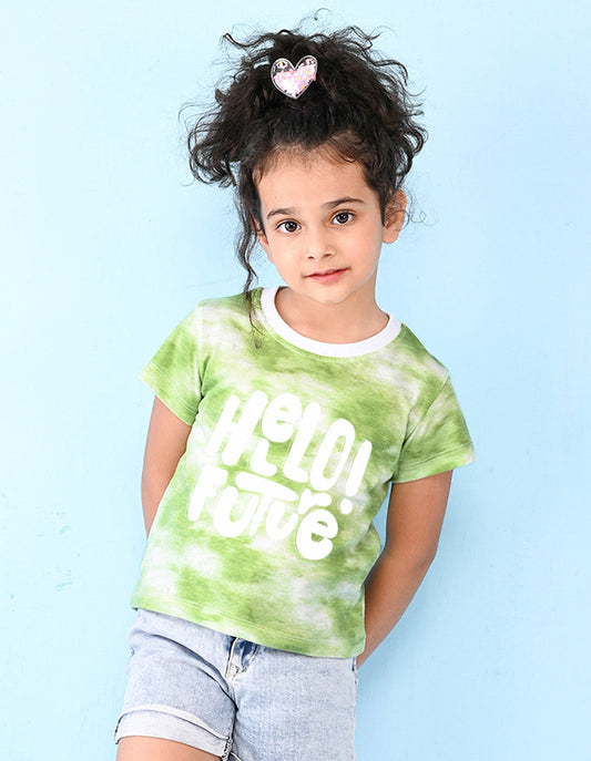 Nusyl girls green hello future printed tie & dye tshirt.